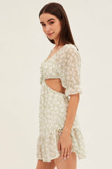 Green Floral Cutout Skater Dress