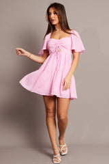 Pink Fit And Flare Dress Short Sleeve Mini