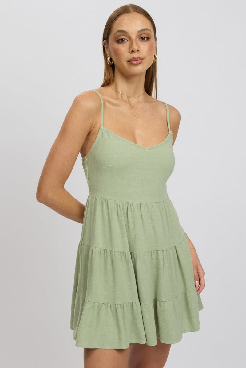 Green Mini Dress Tiered Strappy