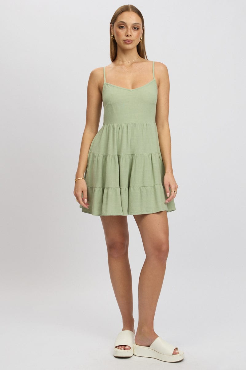 Green Mini Dress Tiered Strappy