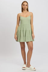 Green Mini Dress Tiered Strappy