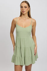 Green Mini Dress Tiered Strappy