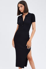 Black Knit Dress Short Sleeve Maxi Collared