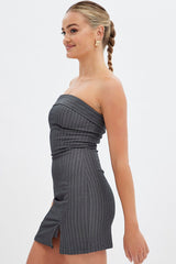 Grey Stripe Bodycon Dress Strapless Boob Tube Mini
