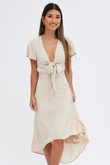 Beige Midi Dress Short Sleeve Tie Back Satin