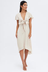 Beige Midi Dress Short Sleeve Tie Back Satin