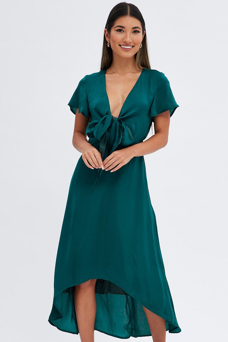 Green Midi Dress Short Sleeve Tie Back Satin