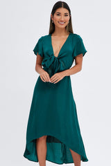 Green Midi Dress Short Sleeve Tie Back Satin