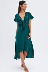Green Midi Dress Short Sleeve Tie Back Satin