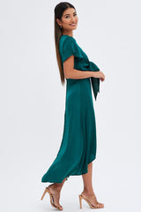 Green Midi Dress Short Sleeve Tie Back Satin