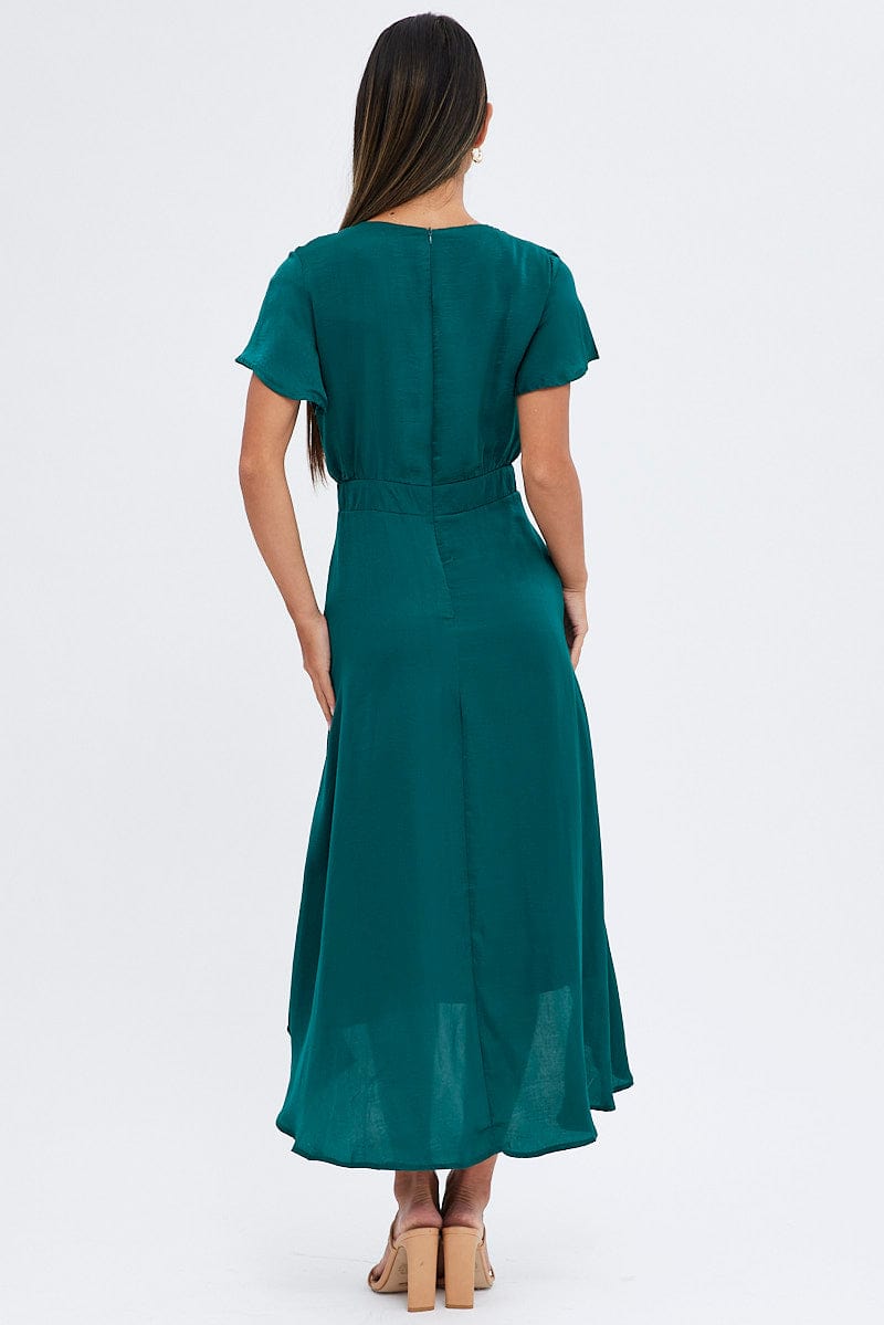 Green Midi Dress Short Sleeve Tie Back Satin