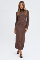 Brown Midi Dress Long Sleeve High Neck Rib Jersey