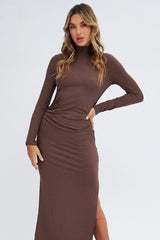 Brown Midi Dress Long Sleeve High Neck Rib Jersey