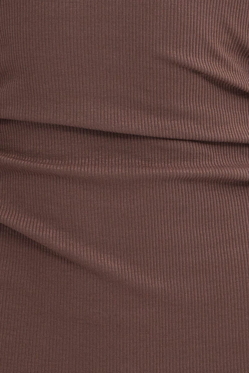 Brown Midi Dress Long Sleeve High Neck Rib Jersey
