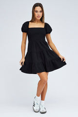 Black Fit and Flare Dress Short Sleeve Shirred