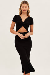 Black Bodycon Dress Rib Twist Front Cut Out Short Sleeve