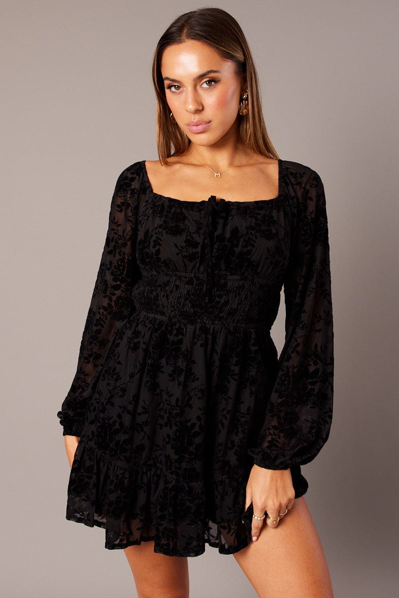 Black Fit and Flare Dress Long Sleeve Burn Out