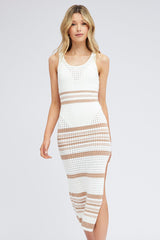 Beige Stripe Knit Dress Sleeveless Crochet