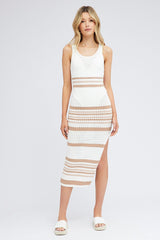 Beige Stripe Knit Dress Sleeveless Crochet