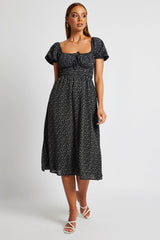 Black Ditsy Midi Dress Short Sleeve Ruched Bust