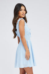 Blue Fit and Flare Dress Sleeveless Waist Shirred