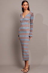 Blue Stripe Knit Dress Long Sleeve