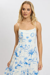 Blue Abstract Maxi Dress Tiered Strappy