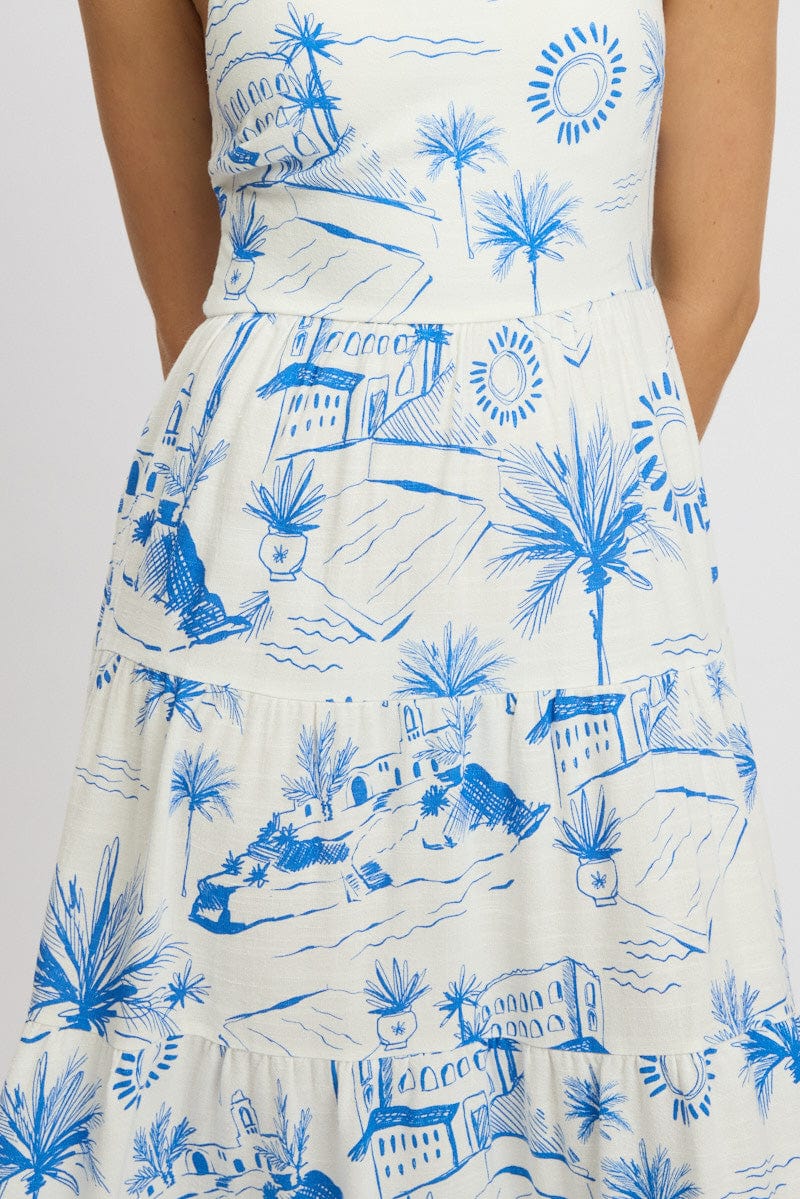 Blue Abstract Maxi Dress Tiered Strappy