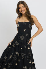 Black Abstract Midi Dress Tiered Strappy