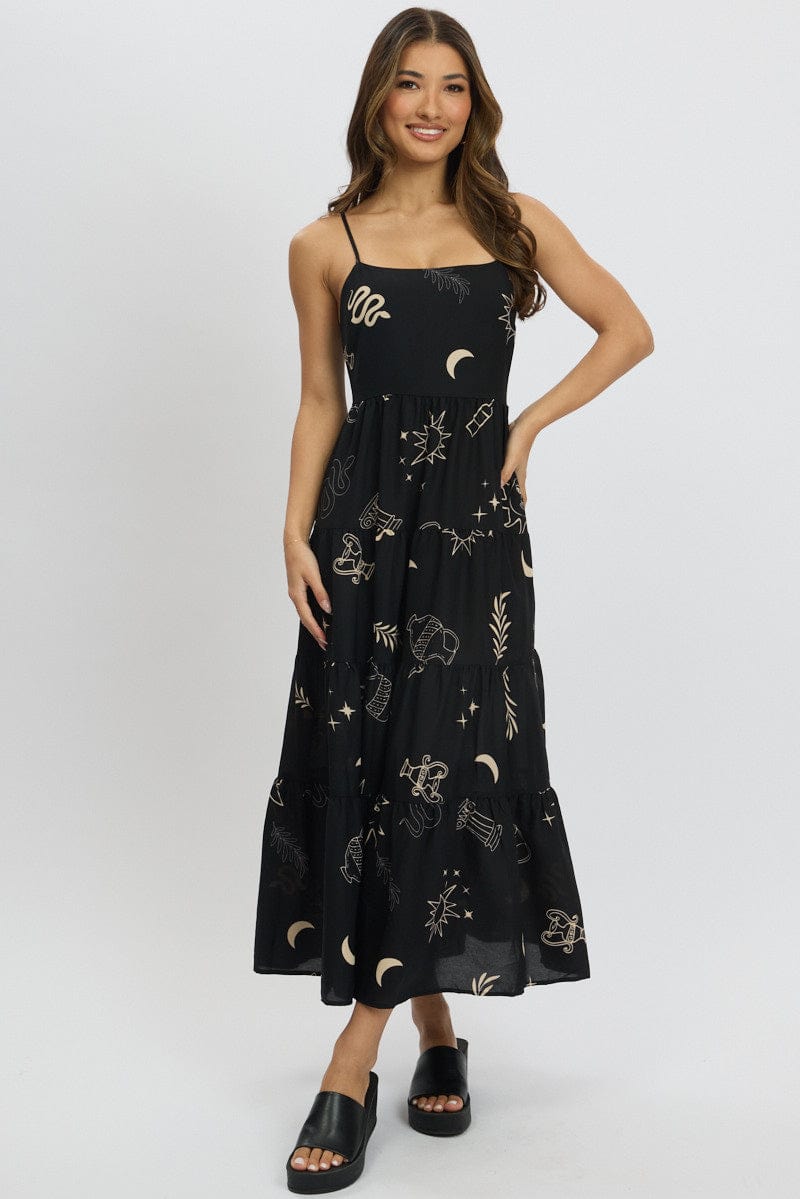 Black Abstract Midi Dress Tiered Strappy