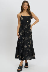 Black Abstract Midi Dress Tiered Strappy