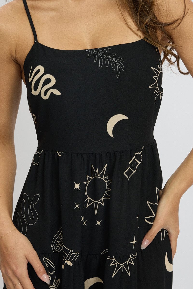 Black Abstract Midi Dress Tiered Strappy