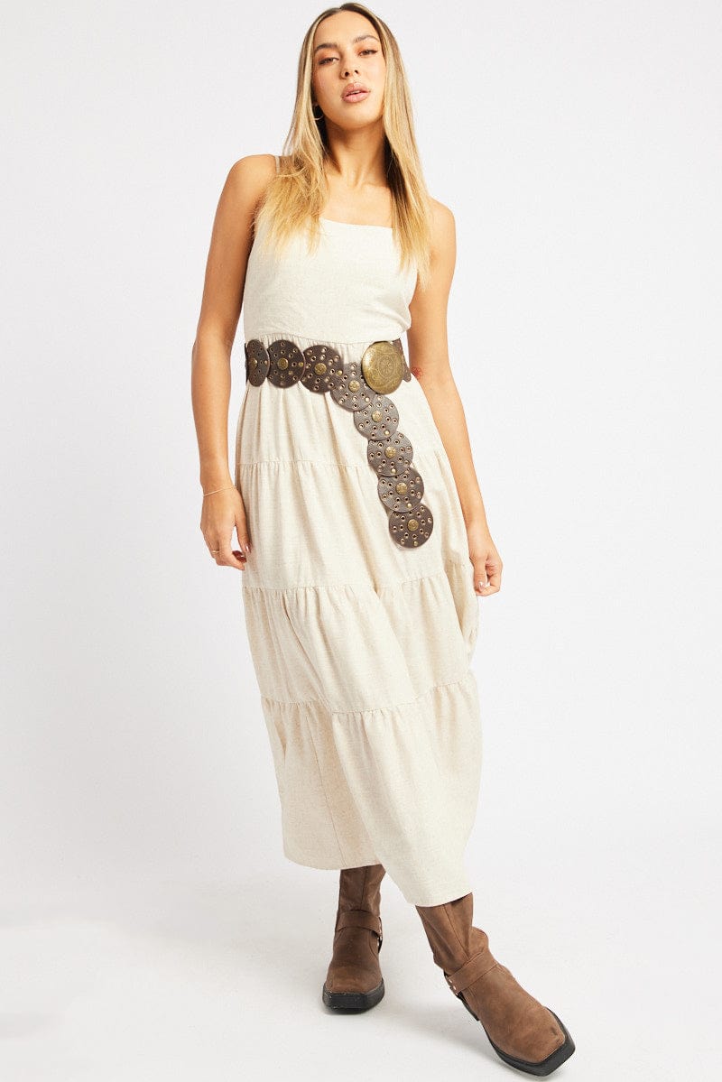 Beige Midi Dress Tiered Strappy