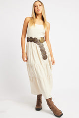 Beige Midi Dress Tiered Strappy