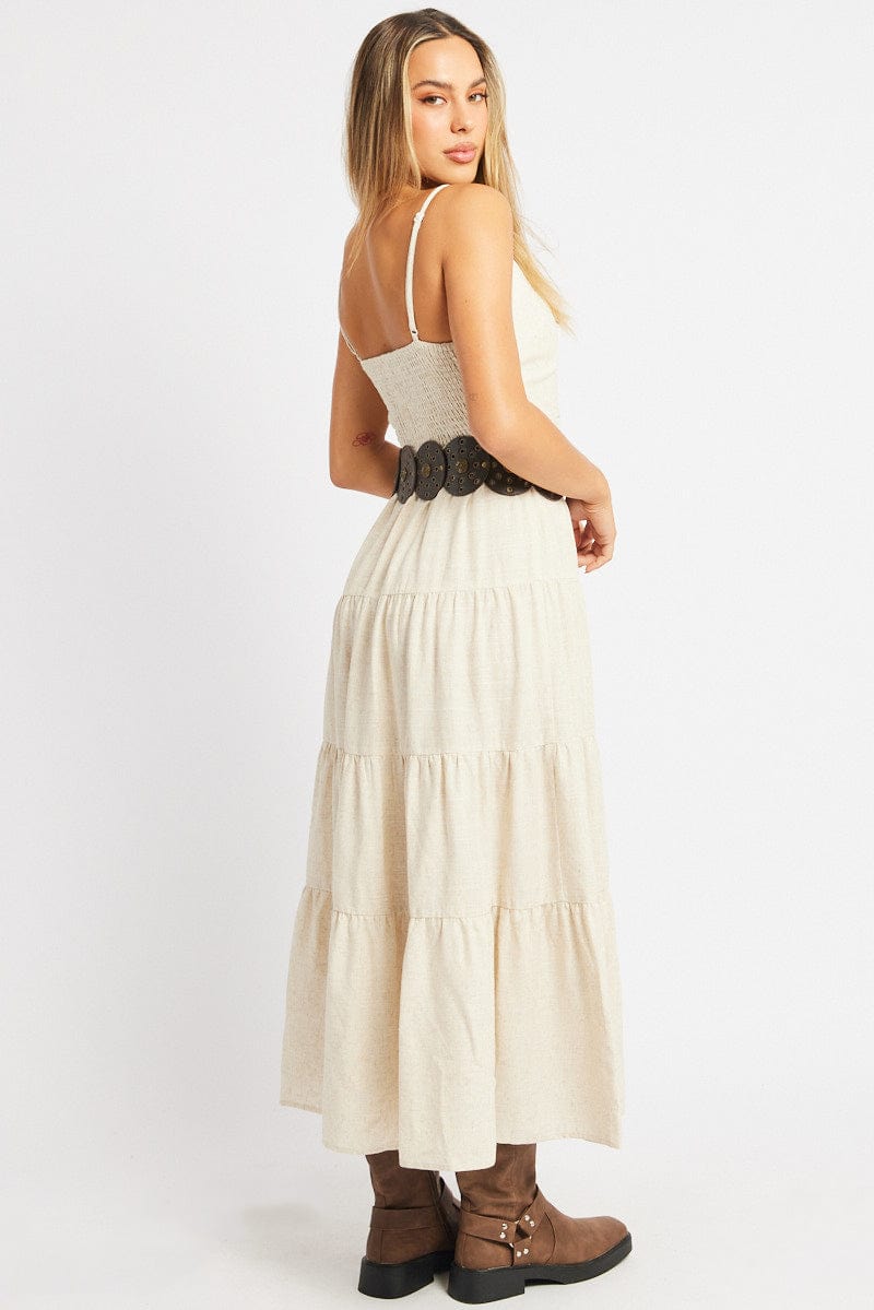 Beige Midi Dress Tiered Strappy