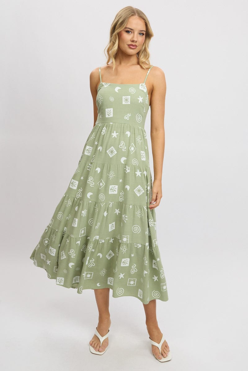 Green Abstract Midi Dress Tiered Strappy