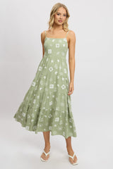 Green Abstract Midi Dress Tiered Strappy