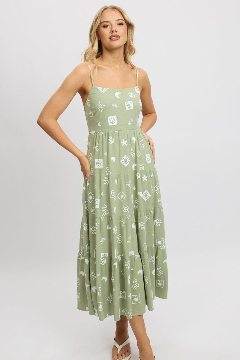 Green Abstract Midi Dress Tiered Strappy