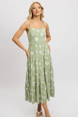 Green Abstract Midi Dress Tiered Strappy