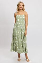 Green Abstract Midi Dress Tiered Strappy