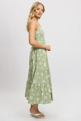 Green Abstract Midi Dress Tiered Strappy