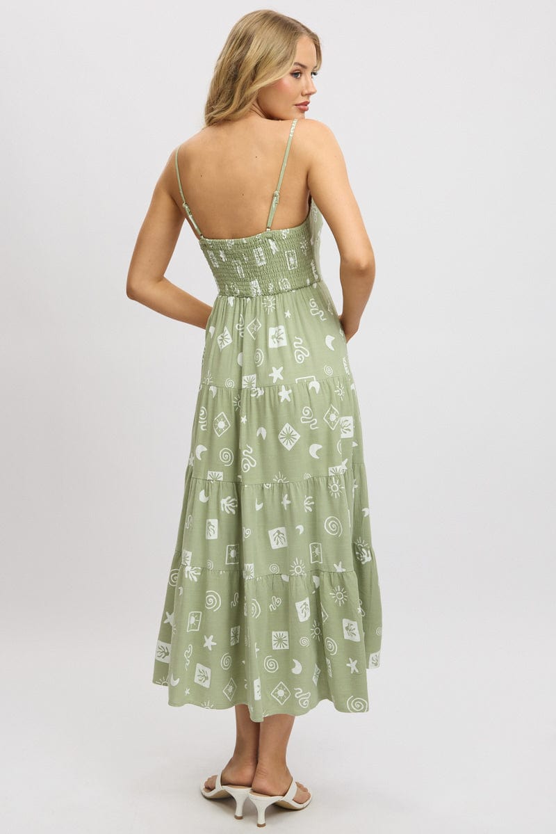 Green Abstract Midi Dress Tiered Strappy