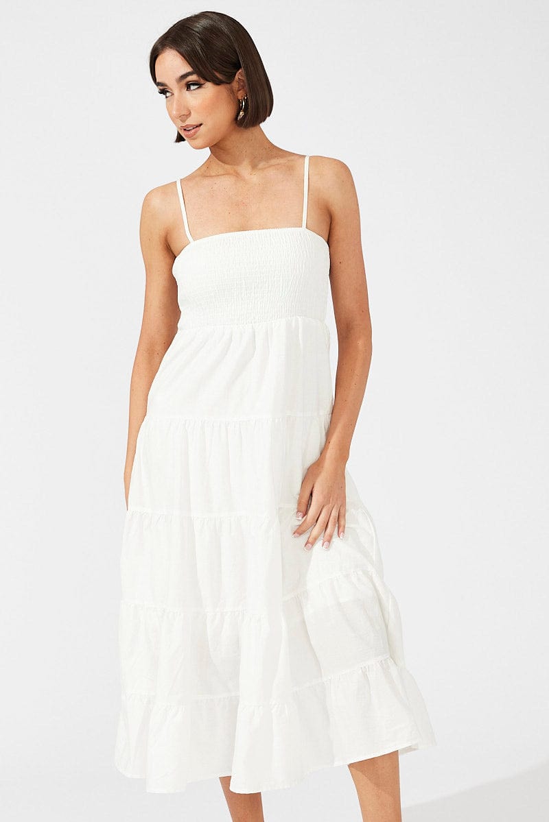 White Midi Dress Sleeveless Tiered