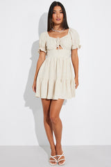 Beige Fit and Flare Dress Short Sleeve Linen Blend