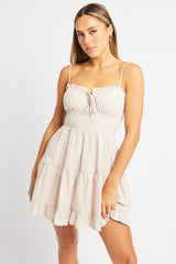Beige Check Fit and Flare Dress Sleeveless Tiered