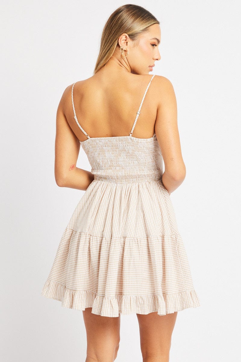 Beige Check Fit and Flare Dress Sleeveless Tiered