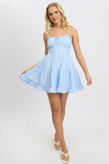 Blue Check Fit and Flare Dress Sleeveless Tiered