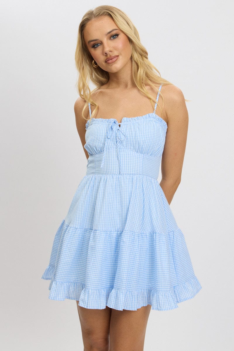 Blue Check Fit and Flare Dress Sleeveless Tiered