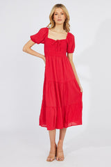 Red Midi Dress Short Sleeve Shirred
