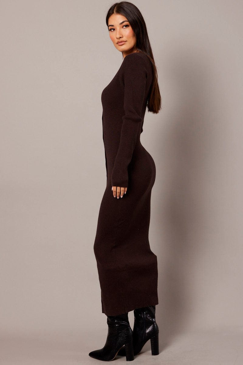 Brown Knit Dress Long Sleeve Button Front